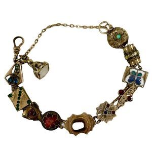 Vintage Victorian Slide Charm Gold Filled Bracelet with Mother of Pearl Fob